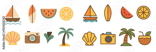 Summer beach icons featuring boats, fruits, and tropical elements in vibrant colors