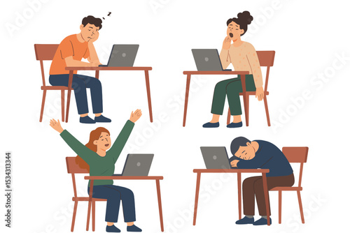 People experiencing various emotions while working on laptops in a casual office setting