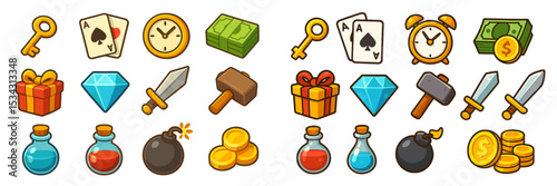 Colorful collection of game assets featuring various treasures, tools, and items for fantasy and adventure themes