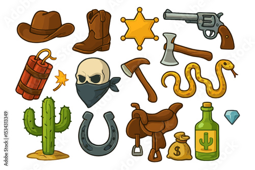 Wild West themed icons showcasing cowboy culture and adventure with various symbols of the frontier