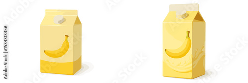 Bright yellow banana milk cartons displayed on a white background with simple designs and playful imagery