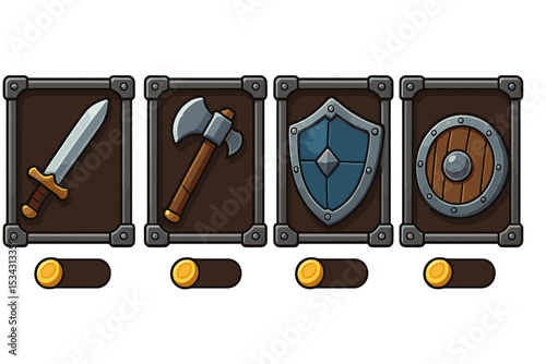 Various weapons and shields displayed in a digital game interface with coins at the bottom