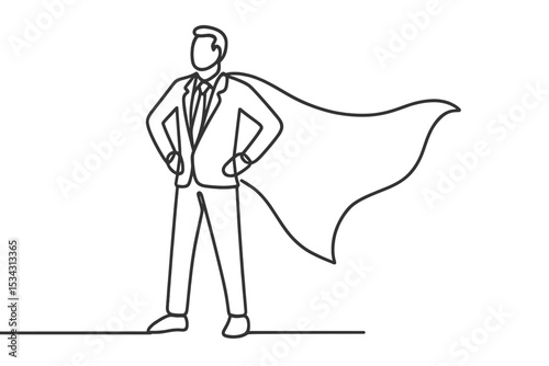 Businessman in a suit with a cape stands confidently with hands on hips, embodying a superhero persona in a creative illustration