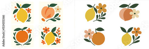 Modern floral illustrations featuring fruits like lemons, oranges, and peaches with vibrant colors and simple designs