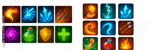 Colorful collection of magical symbols and icons showcasing different elements and abilities in a fantasy-themed design
