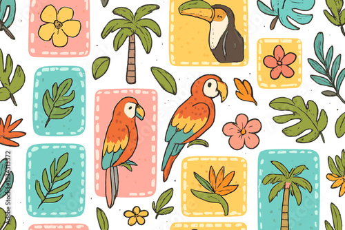 Colorful tropical pattern featuring parrots, toucans, and lush foliage in a vibrant design