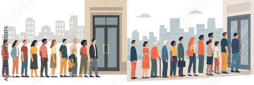 Long line of diverse people waiting outside buildings in a city during the day