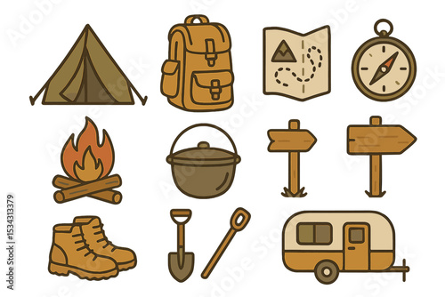 Camping gear essentials for an outdoor adventure with tents, maps, and campfires in a natural setting