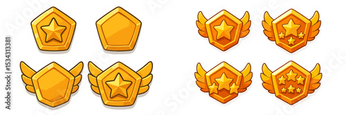 Unique collection of golden badges featuring stars and wings for achievement recognition and awards design