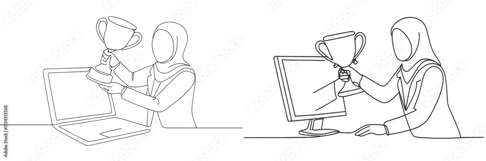 Fototapeta premium Celebration of achievement with a trophy held in front of a laptop and a computer during a virtual event
