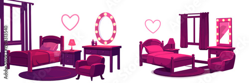 Stylish twin bedrooms with vibrant pink decor featuring love-themed accents and cozy furniture