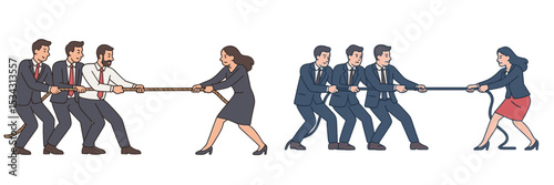 Group of professionals engaged in a tug of war competition during a team building event in a corporate setting