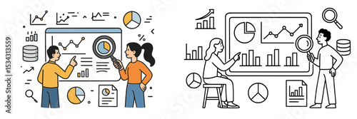 Two individuals analyzing data on screens with graphs, charts, and statistics in a modern office setting