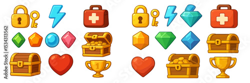 Colorful collection of gaming icons featuring treasures, health items, and rewards