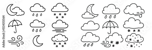 Various weather symbols representing rain, snow, wind, and clouds in simple line art style suitable for educational use