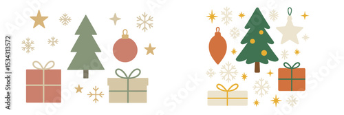 Holiday decorations featuring Christmas trees, ornaments, and gifts in a festive arrangement for winter celebrations