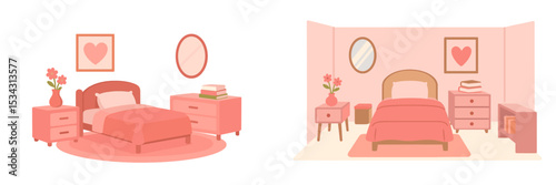 Bright pink-themed bedrooms with heart motifs showcasing cozy decor and inviting furniture in a calm setting