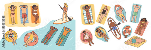 Bright summer day at the beach with people relaxing and enjoying water activities
