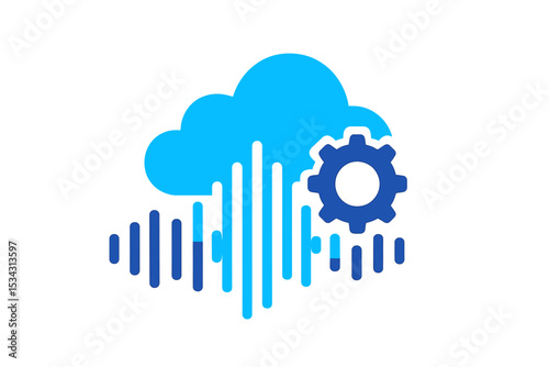 Vector flat illustration of cloud technology with sound waves and gear, representing audio processing in the digital landscape