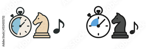 Chess clock and knight pieces symbolize competitive strategy in a timeless game, with musical notes suggesting the rhythm of deep thought