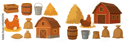 Farmyard animals and equipment depicted in vector flat illustration showcasing a barn, chickens, and farming tools