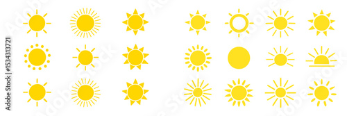 Vector flat illustration of various sun designs showcasing different styles and states of sunlight throughout the day