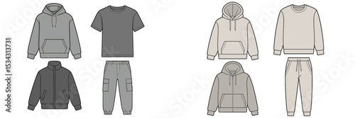 Stylish vector flat illustration of casual clothing sets including hoodies, t-shirts, and sweatpants for modern fashion choices