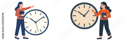 Vector flat illustration of two women demonstrating time management with clocks indoors