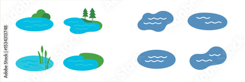 Vector flat illustration showcasing various water bodies, natural scenery, and serene environmental features