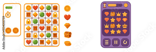 Colorful flat vector illustration of a match three puzzle game interface with vibrant icons and gameplay elements