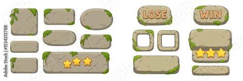 Decorative stone buttons with vines for game interface and status indicators in an engaging vector flat style