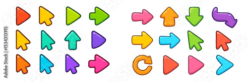 Colorful vector flat illustration of directional arrows in various shapes and colors for digital user interface design