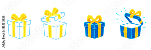 Colorful gift boxes opening with bright ribbons during a festive celebration in a cheerful, animated style
