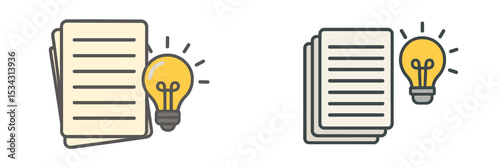 Vector flat illustration of a light bulb next to stack of papers highlighting ideas and creativity in a productive workspace