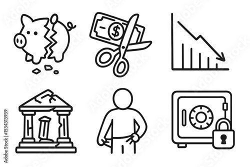Financial challenges represented by broken piggy bank, money cuts, downward trends, and safe