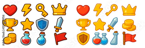Colorful vector flat illustration of game assets featuring hearts, crowns, swords, and various icons for a fantasy adventure theme