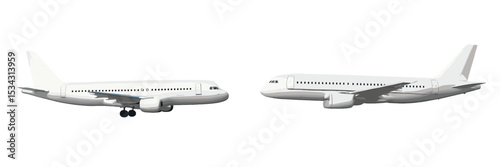 Two white commercial airplanes on a plain background showcasing their side profiles in a vector flat illustration style