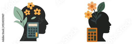 Creative contrast between nature and technology in vector flat illustration depicting two heads with flowers and calculators