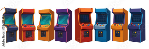 Classic arcade game machines in various colors lined up against a simple background