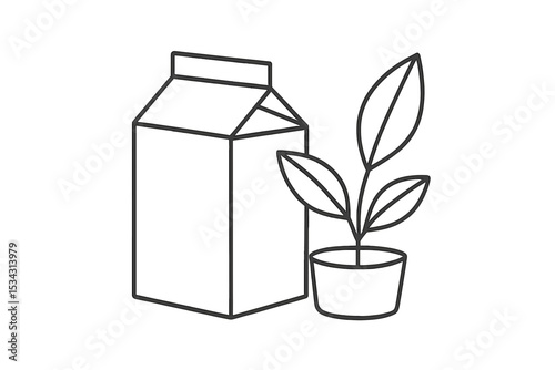 Milk carton next to a potted plant in a clean and simple vector flat illustration