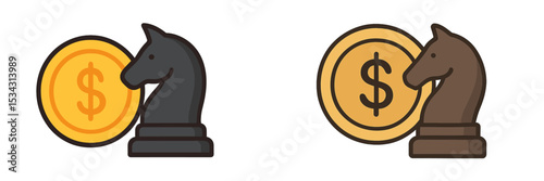 Vector flat illustration of chess pieces and coins representing strategy and finance in a creative concept