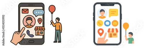 Vector illustration showing a person interacting with a mobile device displaying various communication options and a local business