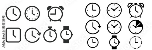 Different types of clocks represented in vector flat illustration showcasing various designs and functions for timekeeping