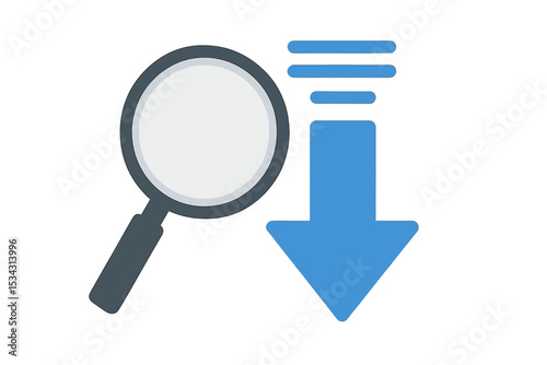 Illustration of a magnifying glass and downward arrow indicating search and download actions in a digital context