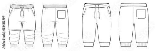 Stylish flat vector illustration of men's sporty shorts for casual wear, showcasing multiple angles and design details