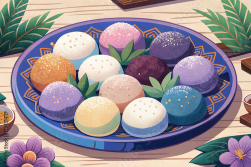 Colorful Japanese mochi rice cakes in assorted flavors on a ceramic plate. Traditional Asian dessert with soft chewy texture, perfect for snacks, tea time, or gifting.