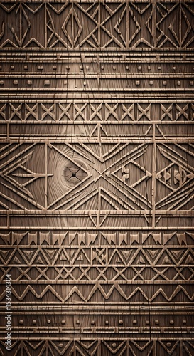Geometric Wood Carving: Intricate Tribal Pattern