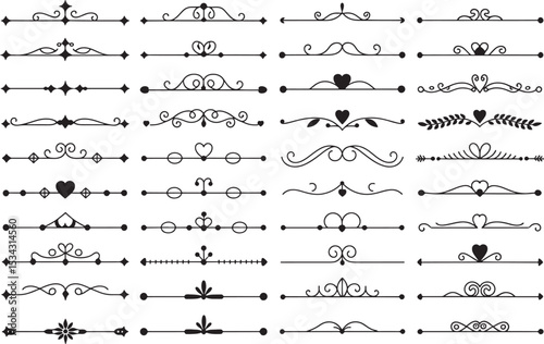 Elegant Ornament Designs: An assortment of sophisticated ornamental borders, ideal for graphic design projects, with exquisite detail, including hearts, swirls, and floral accents.
