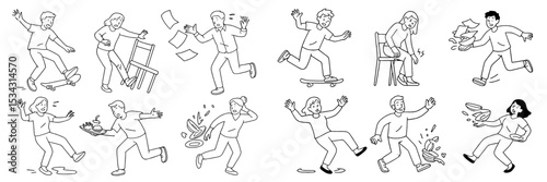 Vector flat illustration depicting various clumsy moments and accidents in everyday activities at home and work