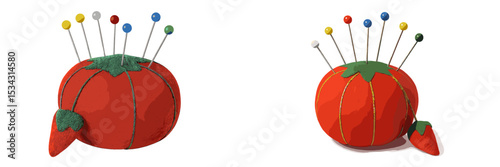Colorful tomato-shaped pincushion with sewing pins displayed from multiple angles in a flat vector illustration